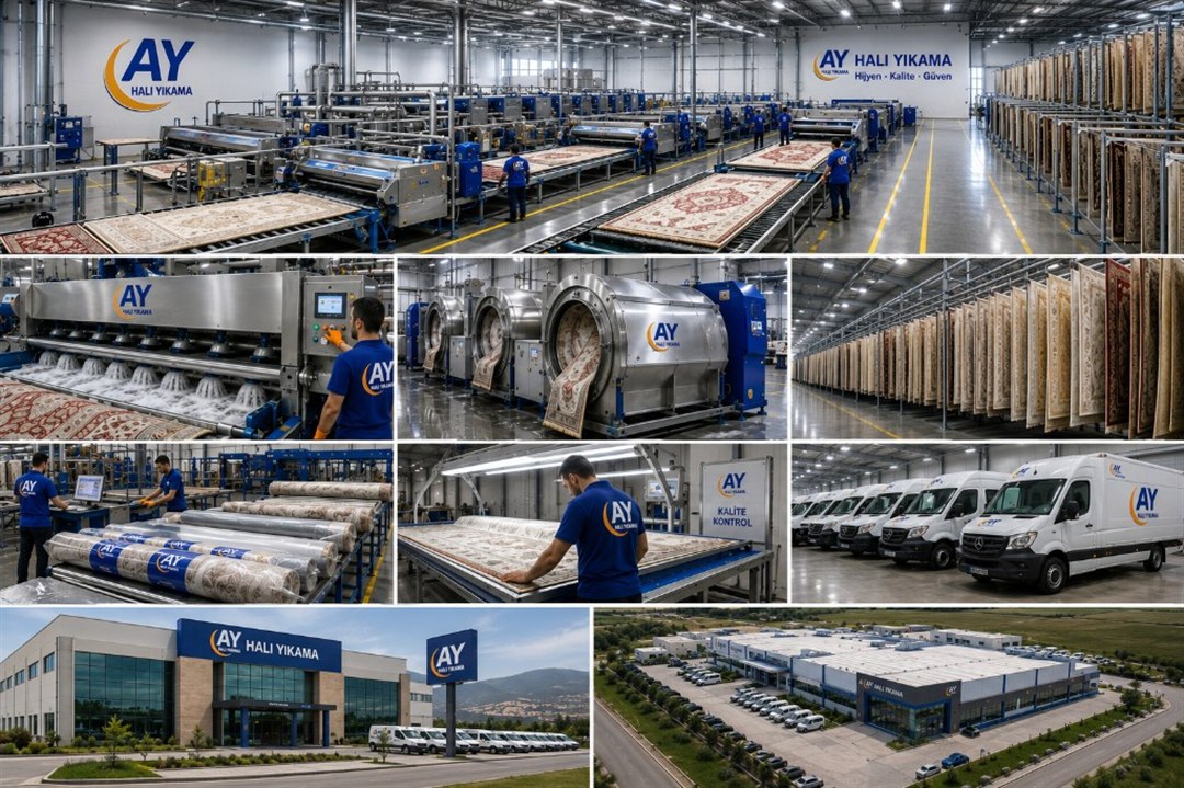Ay Halı yıkama fabrikası üretim süreci kolajı
